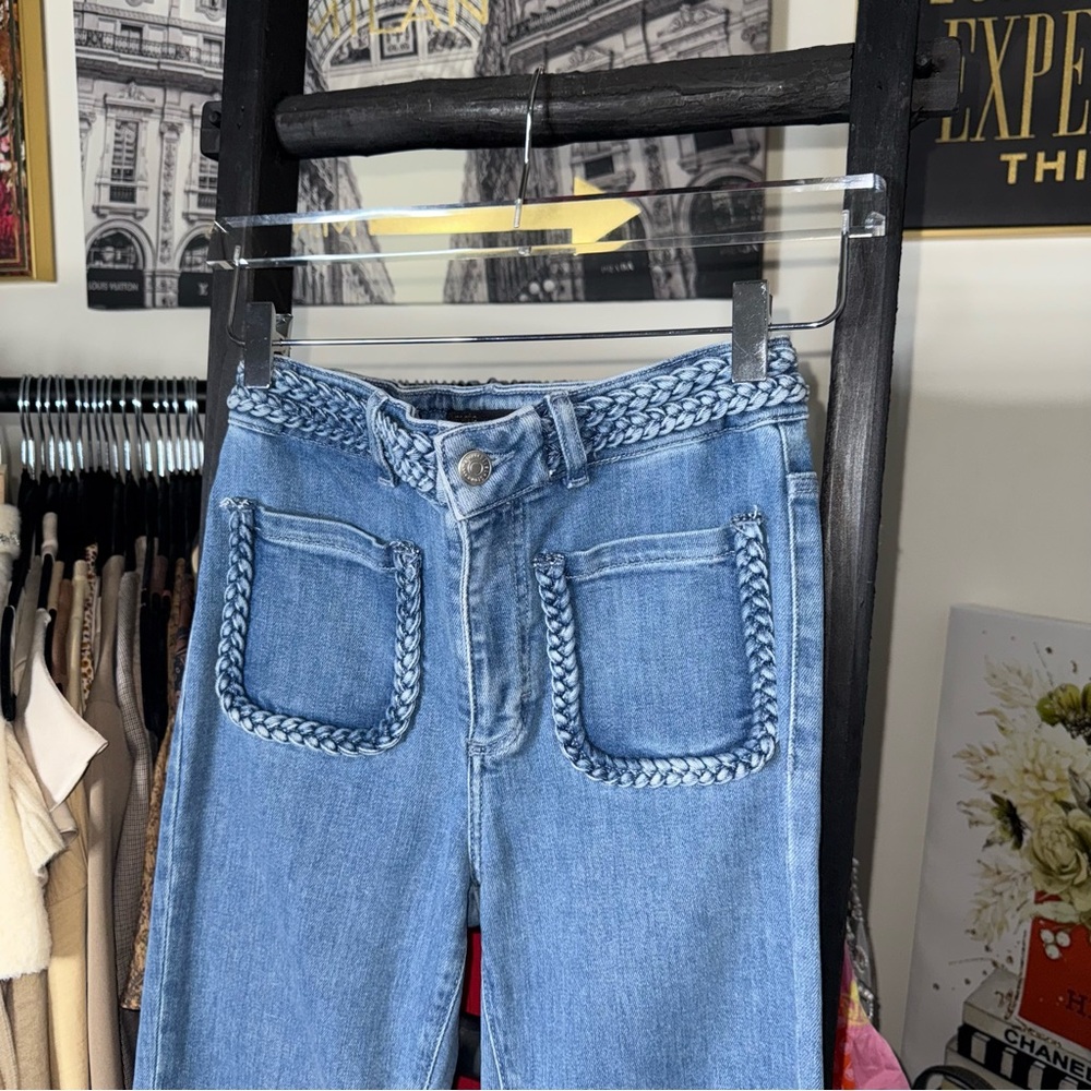 Maje Braided High Rise Bootcut Jeans Light Wash Denim Womens 36 4 EUC $325 - Picture 4 of 14